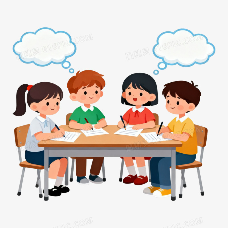 扁平风小学生小组讨论学习免抠元素