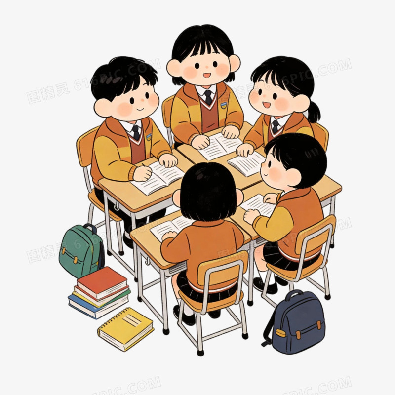 手绘学生们小组讨论会场景