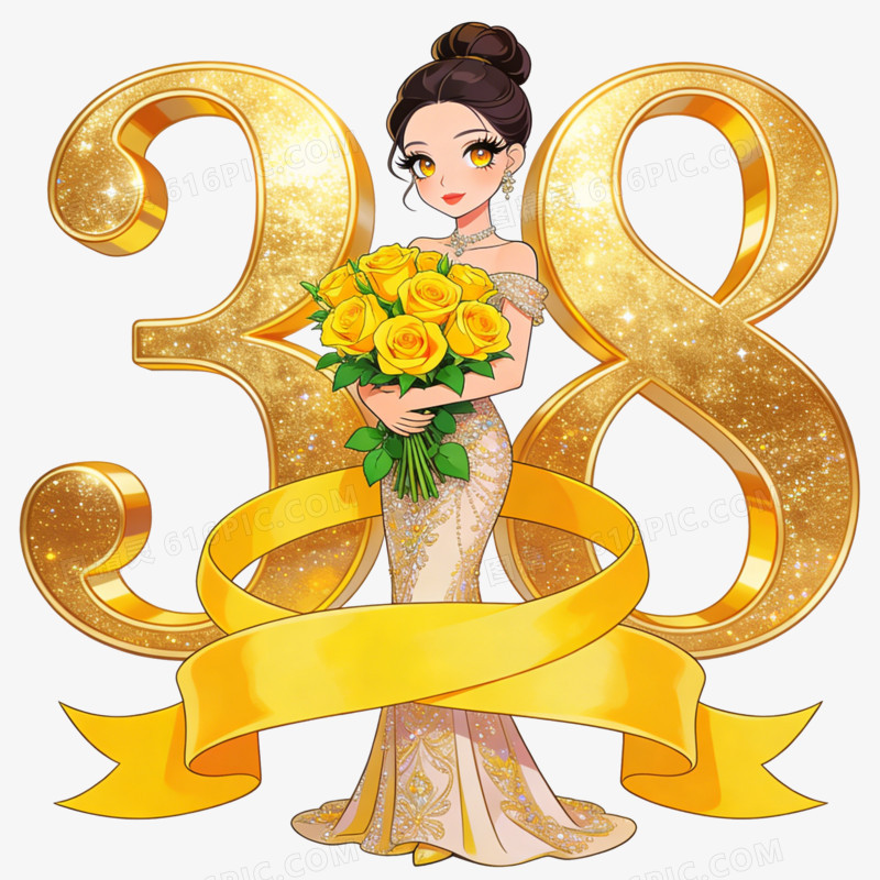 卡通抱着黄玫瑰穿着晚礼服的美女在金色38数字前免抠元素