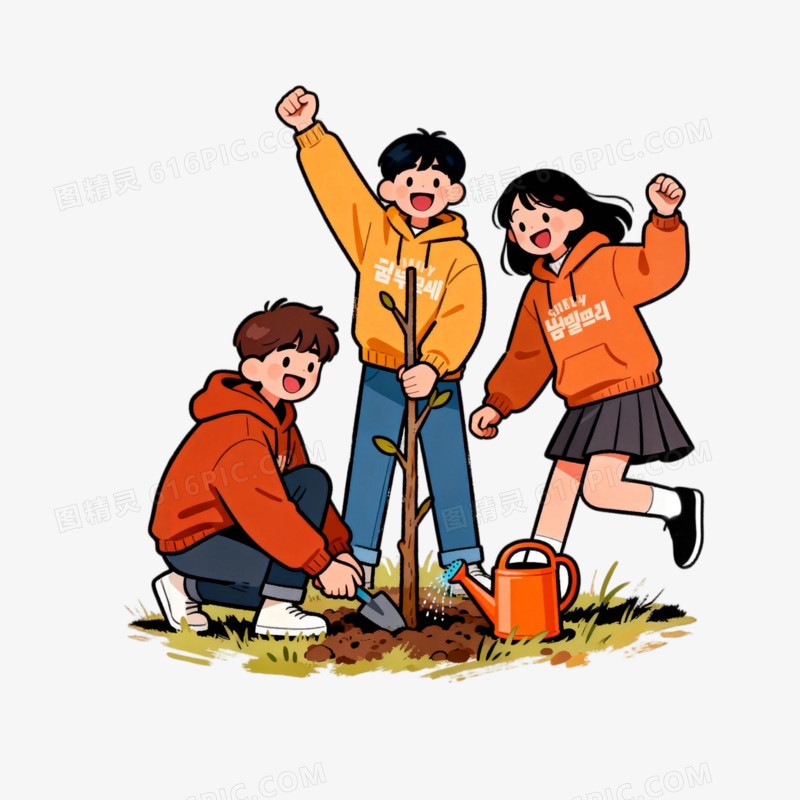 手绘学生们参加植树节活动场景元素