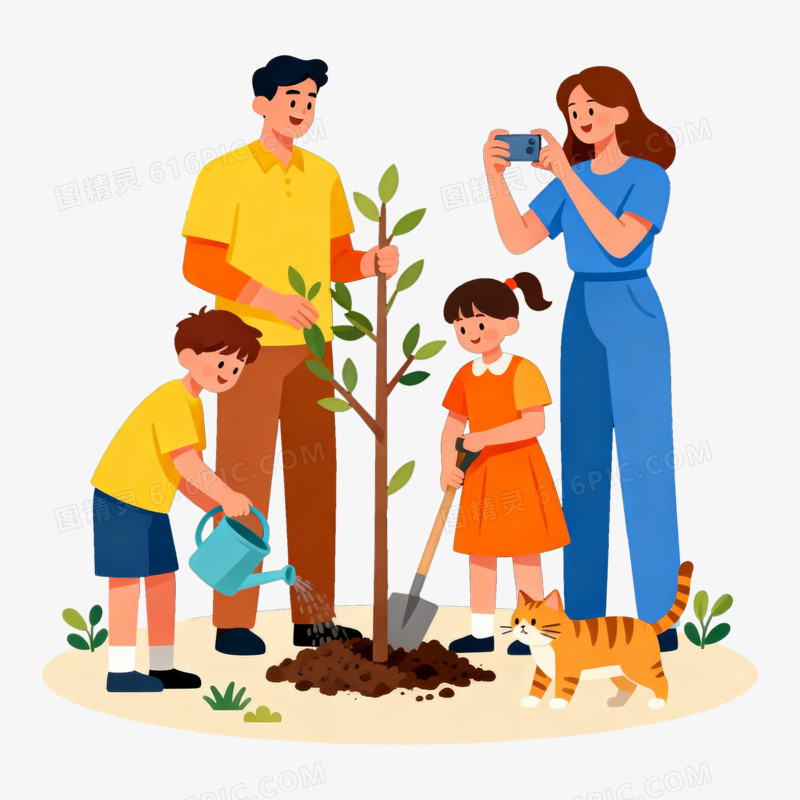 扁平风一家四口种树免抠元素