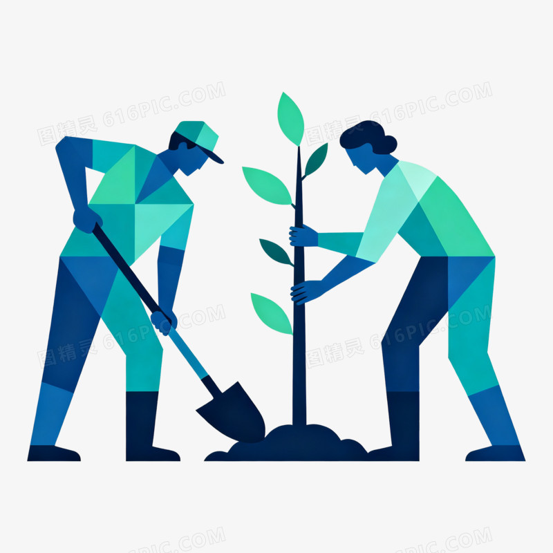 扁平风蓝色几何剪影种树免抠元素