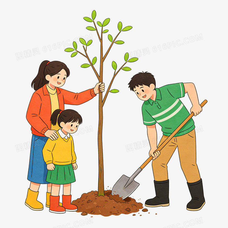 卡通一家三口种树免抠元素