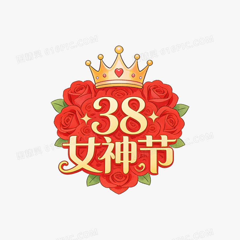 卡通玫瑰花皇冠38女神节免抠元素