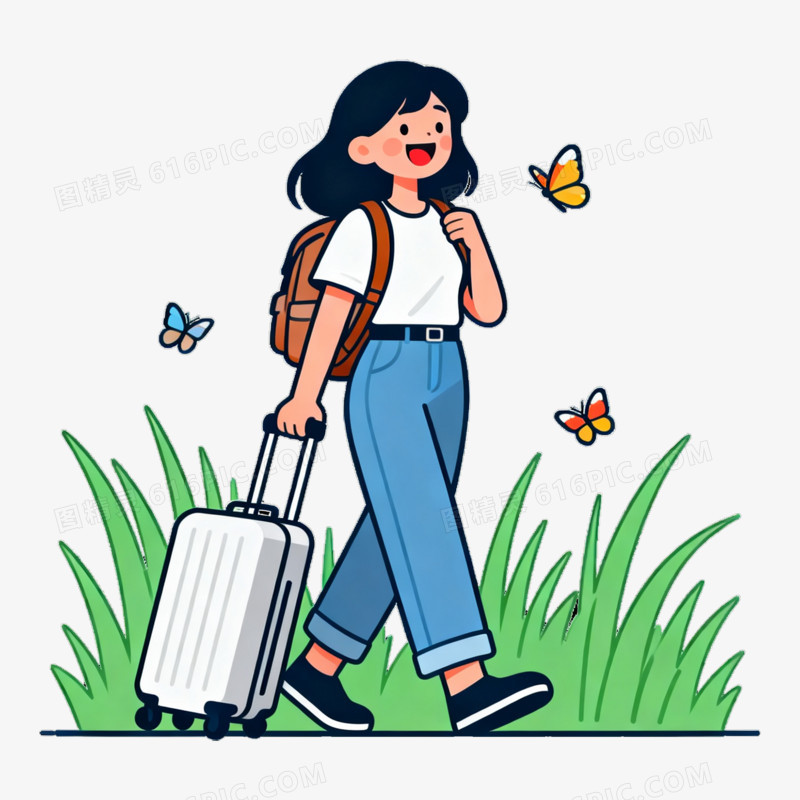 扁平风立春女孩出门旅游免抠元素