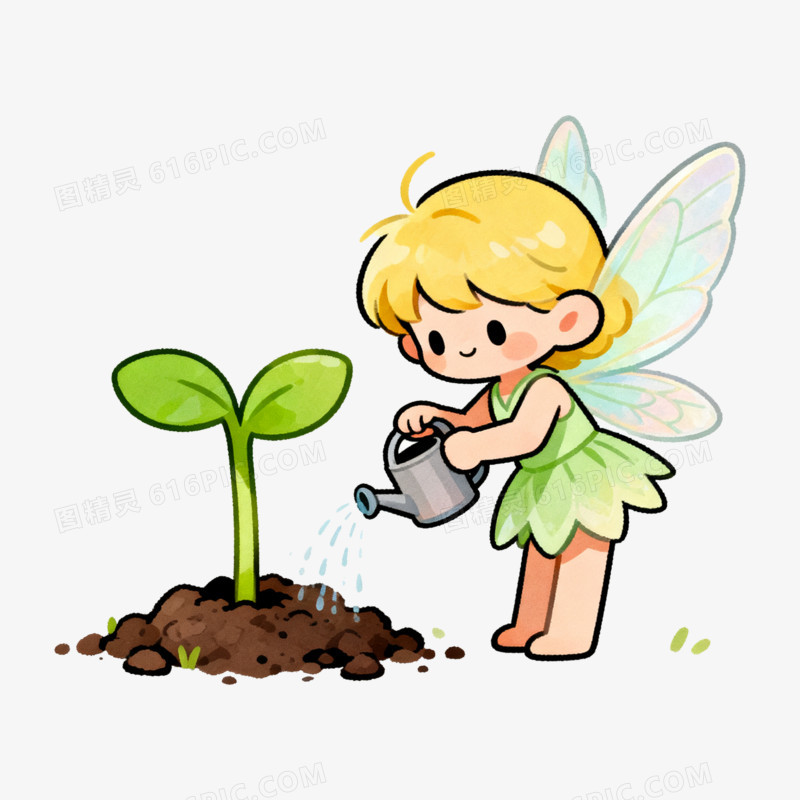 扁平风立春小精灵浇水免抠元素
