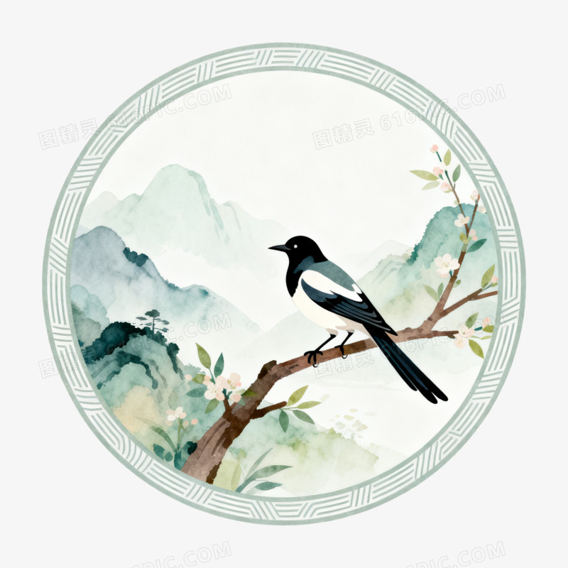 扁平风立春喜鹊站枝头免抠元素