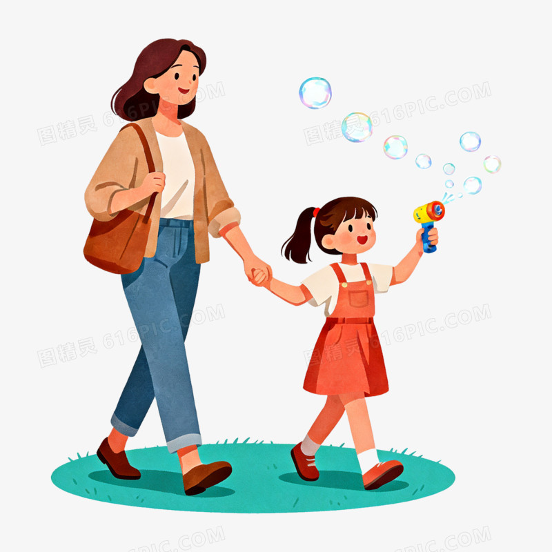 扁平风立春母女户外游玩免抠元素
