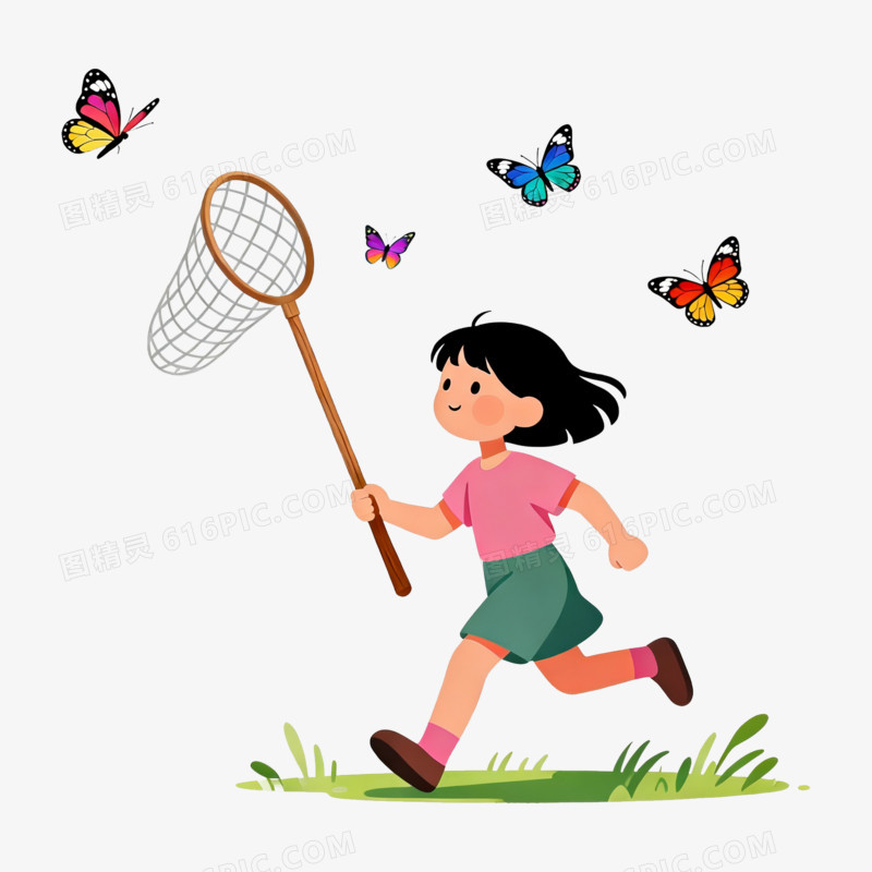 扁平风立春女孩抓蝴蝶奔跑免抠元素