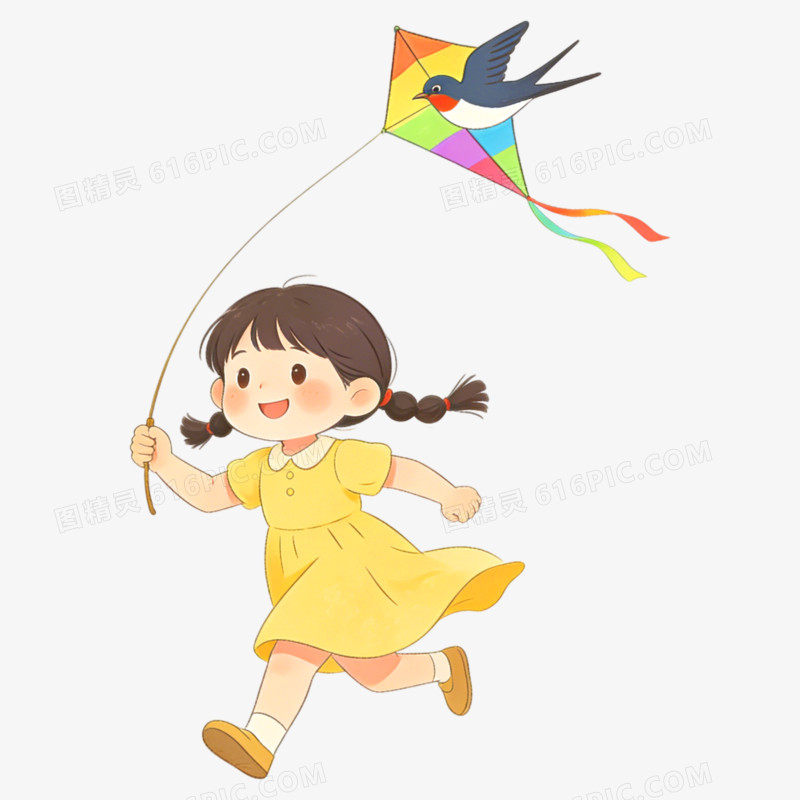 卡通手绘小清新春天放风筝小朋友免抠元素