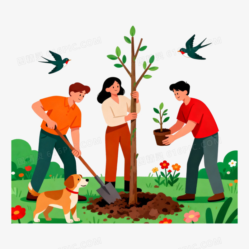 扁平风三人种树免抠元素