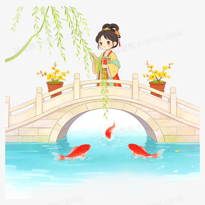 卡通手绘小清新春天柳树小巧风景免抠元素