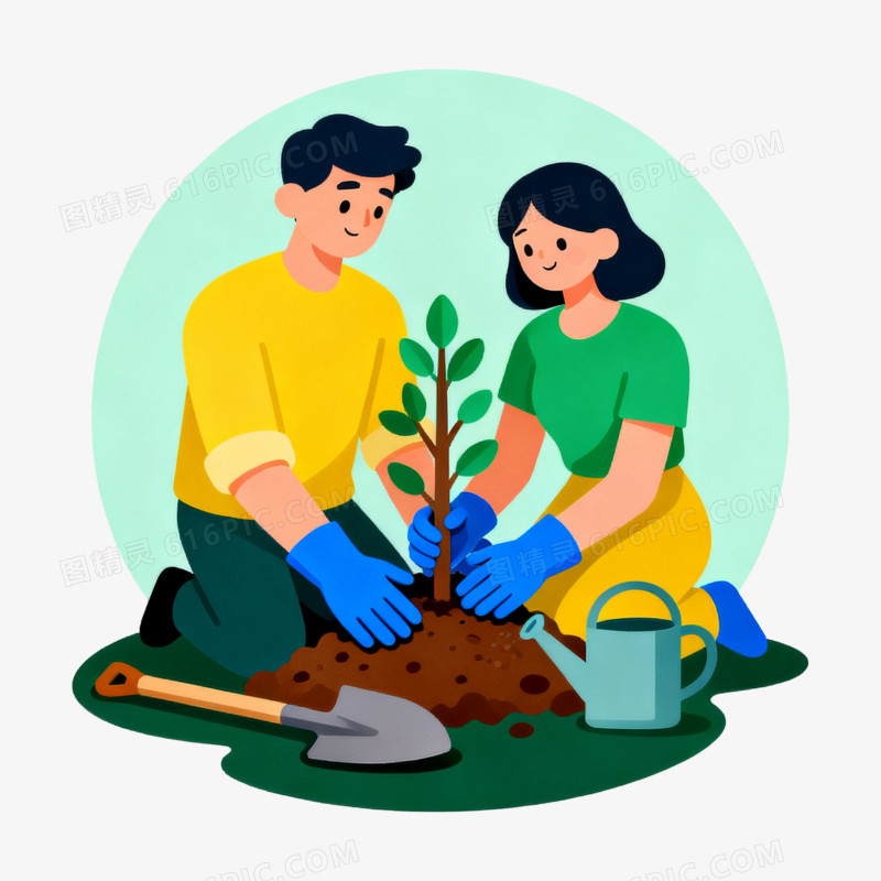 扁平风两人一起种树免抠元素