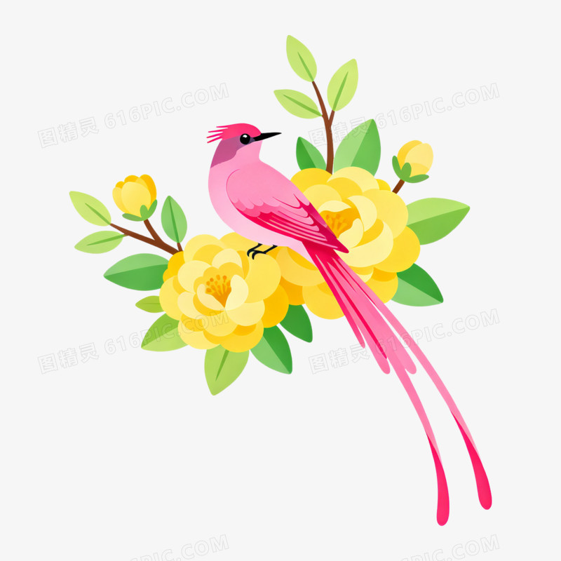 扁平风立春女孩花鸟相依免抠元素