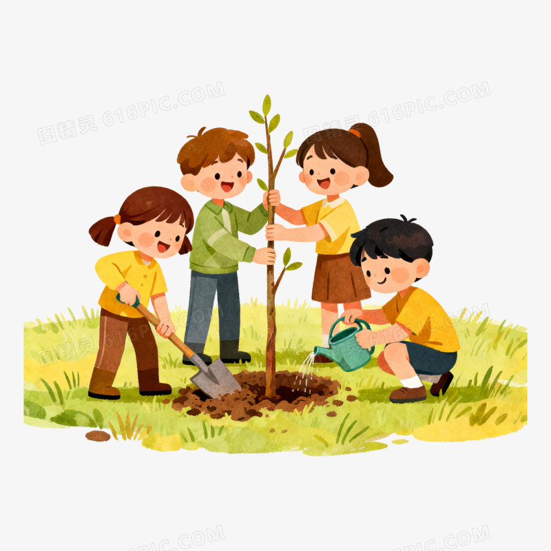 扁平风植树节四个小朋友免抠元素