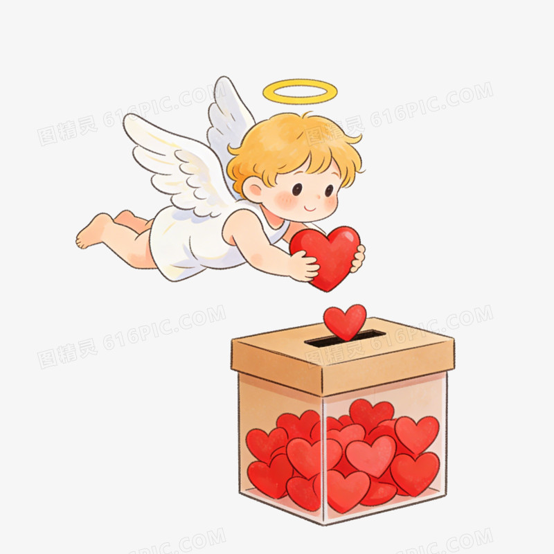 卡通天使将爱心放进捐赠箱免抠元素