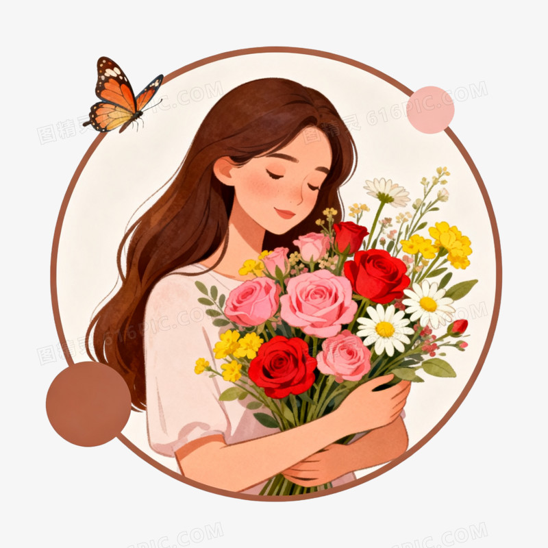 扁平风三八妇女节女生抱花免抠元素