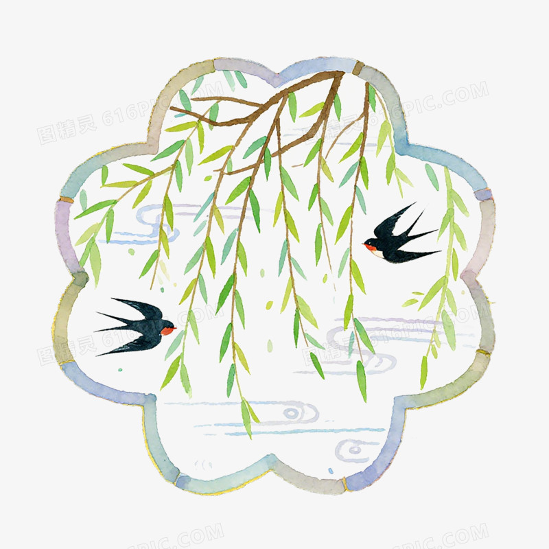 燕子柳条花窗春天免抠元素