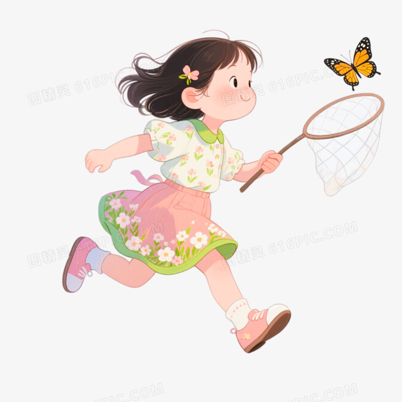 插画风格春日小女孩捉蝴蝶免抠元素