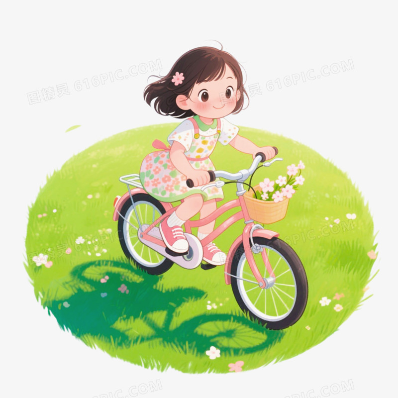 插画风格春日小女孩骑自行车免抠元素