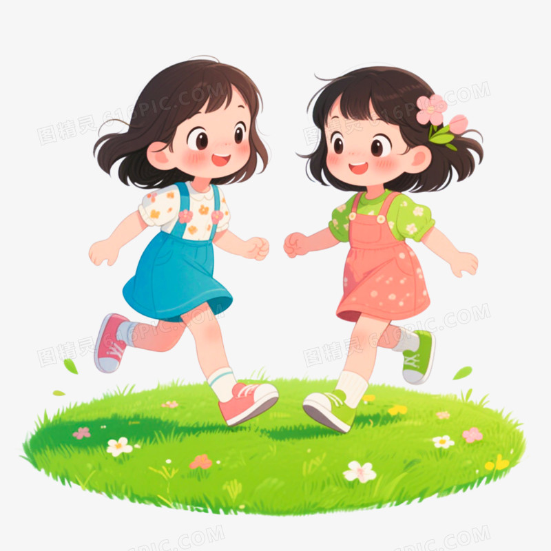 插画风格春日 2个小女孩玩游戏免抠元素