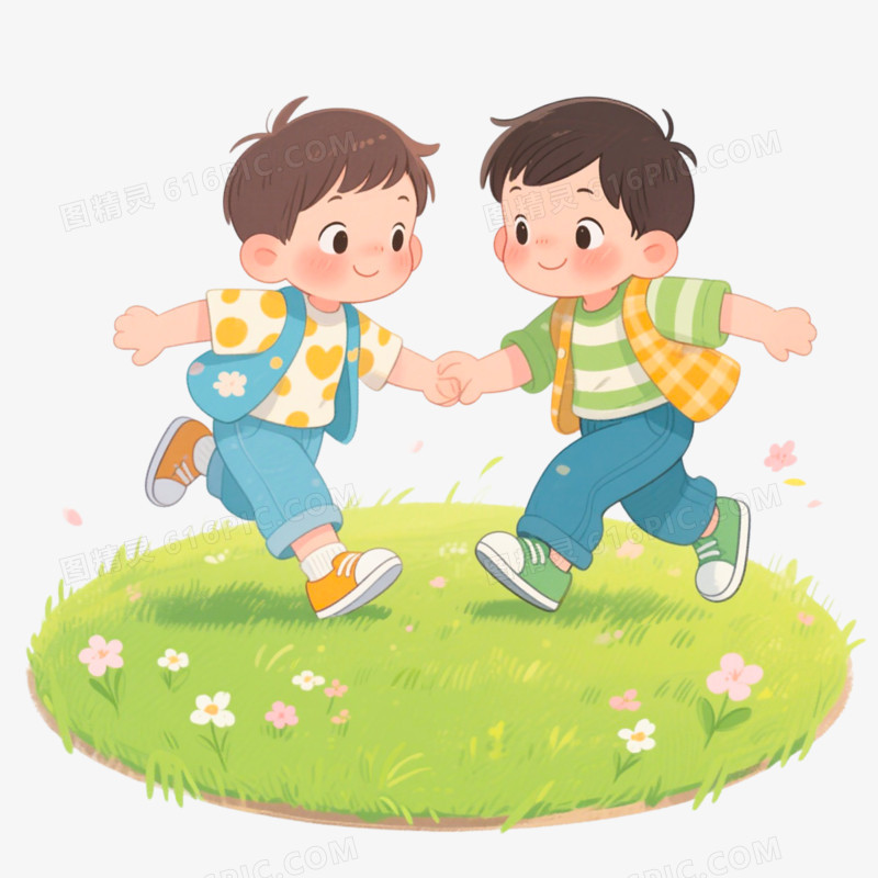 插画风格春日2个小男孩玩游戏免抠元素