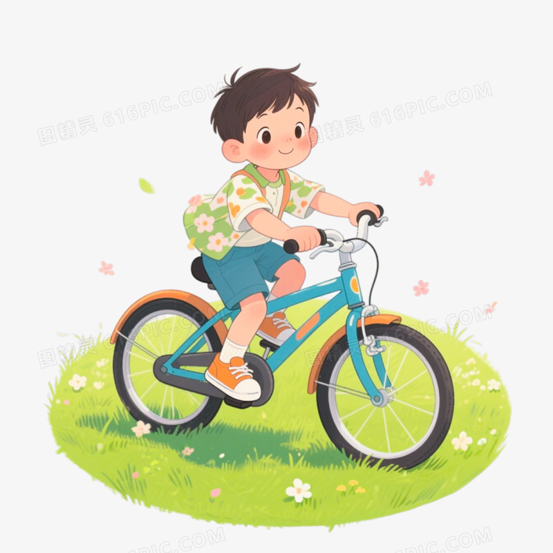 插画风格春日小男孩骑自行车免抠元素