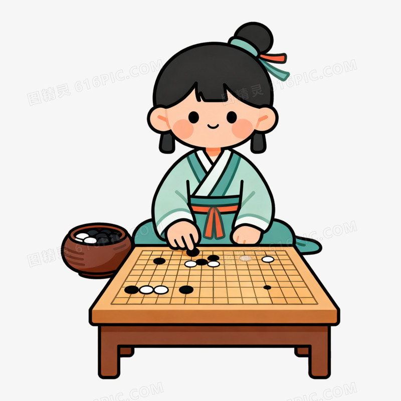 扁平风Q版古风女孩下棋免抠元素