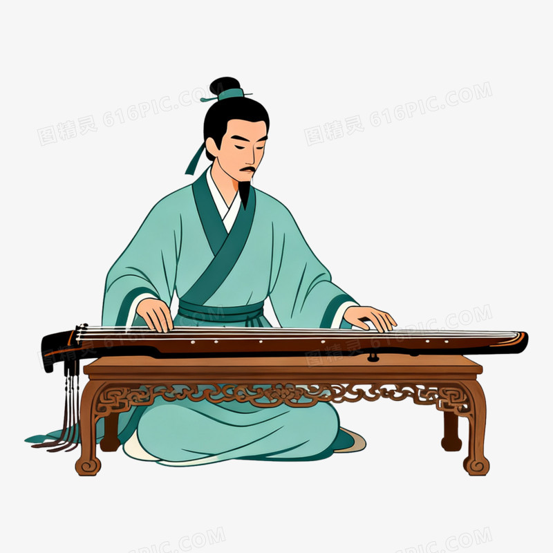 扁平风古风男子弹琴免抠元素