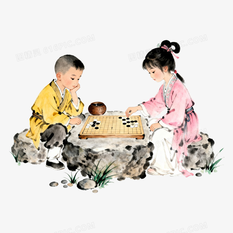 扁平风古风女孩男孩下棋免抠元素