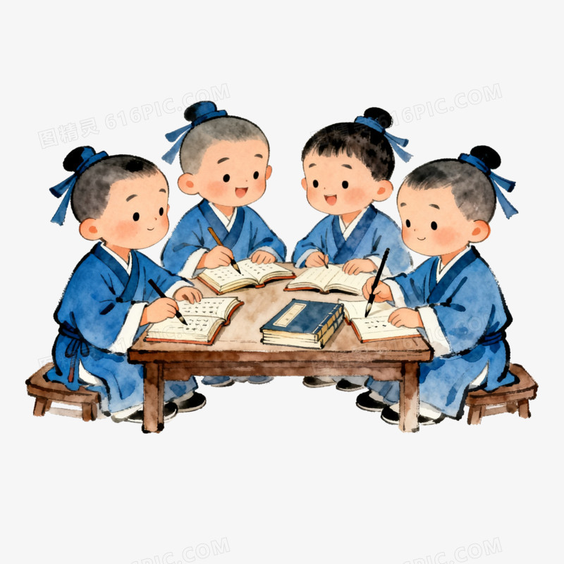 扁平风古风男童书法免抠元素