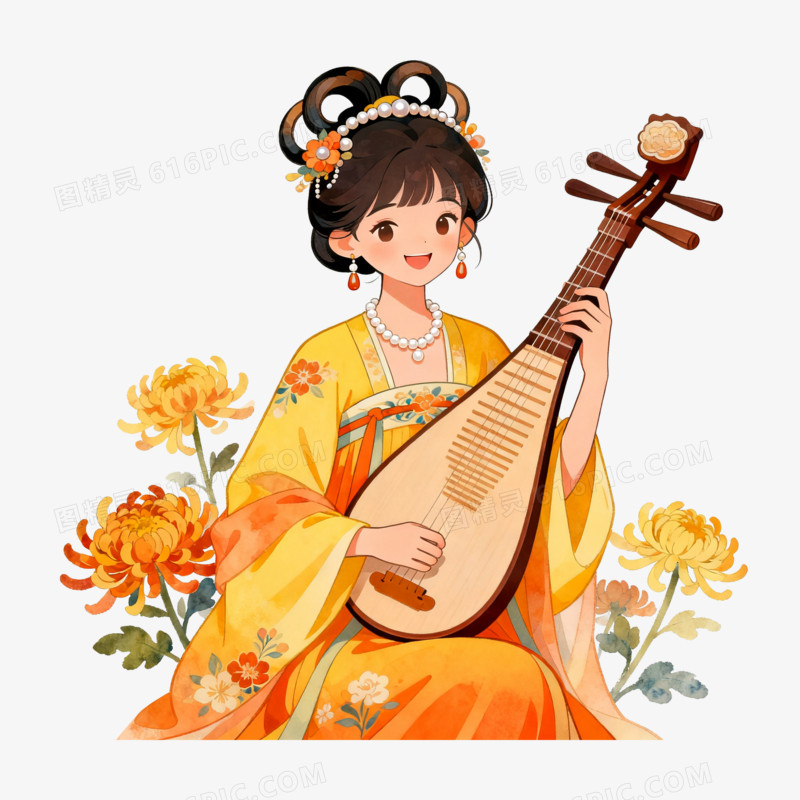 扁平风古风女孩弹琵琶免抠元素