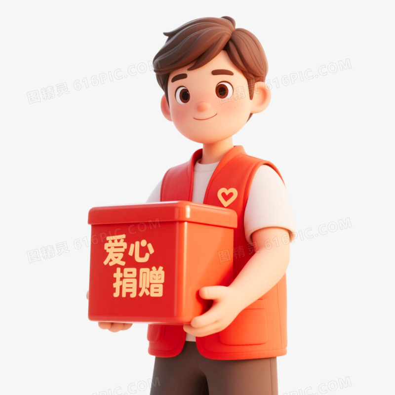 C3D插画风格一个人抱着捐赠箱免抠元素