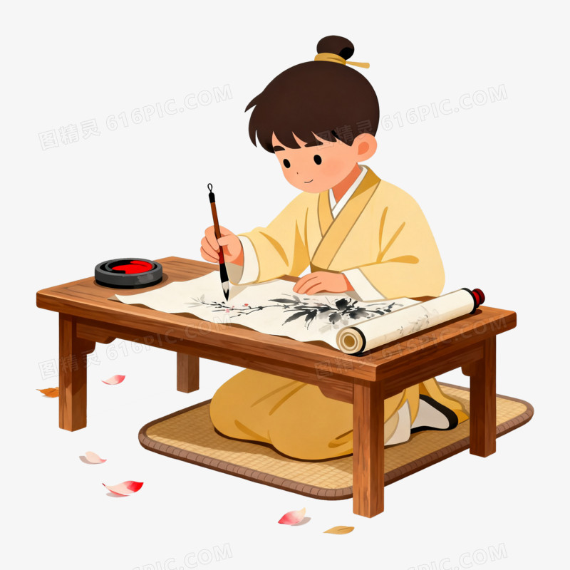 扁平风古风男孩作画免抠元素