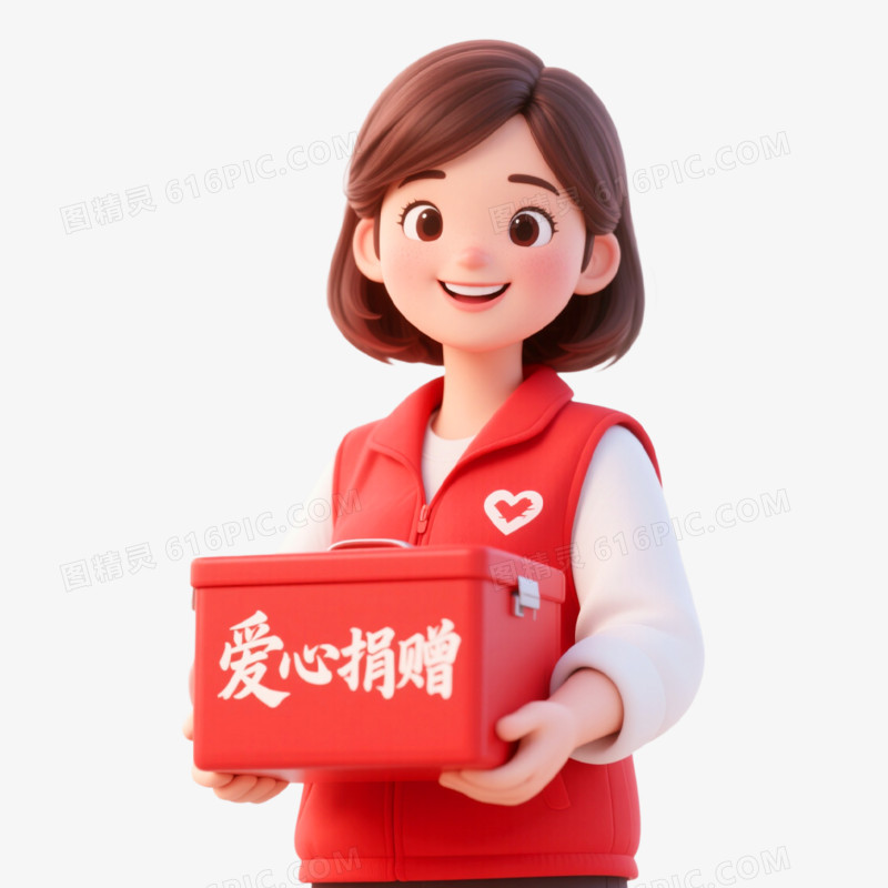 C3D插画风格一个人抱着捐赠箱免抠元素