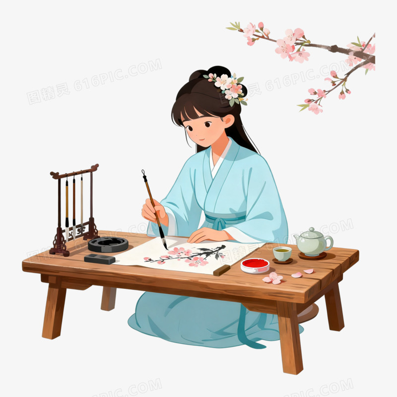 扁平风古风女孩作画免抠元素