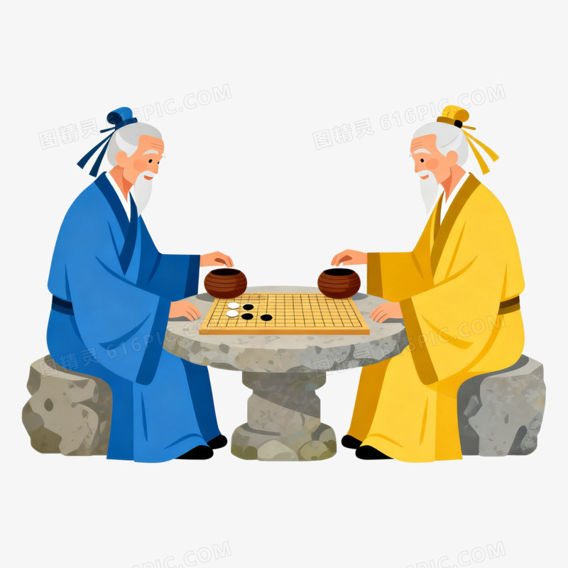 扁平风两个老人下棋免抠元素