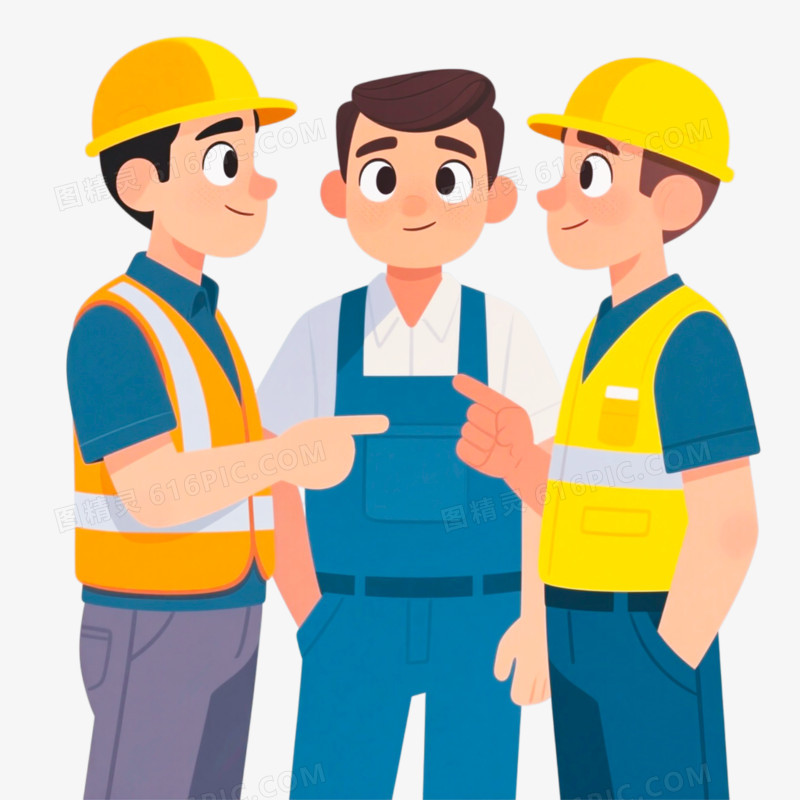 手绘插画风格3个工人讨论免抠元素