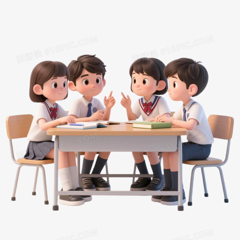 C4D手绘插画风格4个学生讨论免抠元素