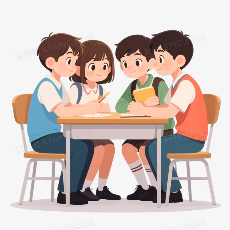 手绘插画风格4个学生讨论免抠元素