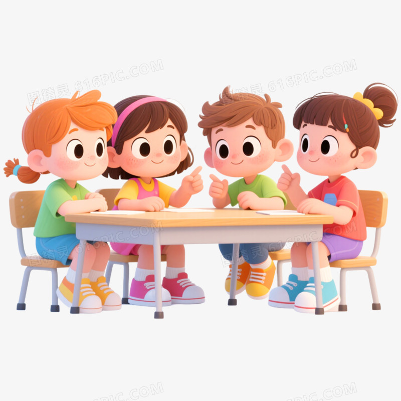 卡通手绘学生讨论场景免抠元素