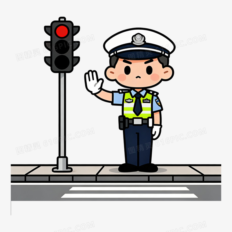 扁平风Q版路边交警红绿灯免抠元素