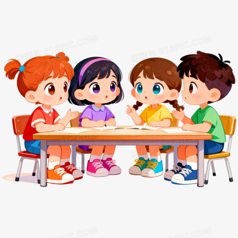 卡通手绘学生讨论场景免抠元素