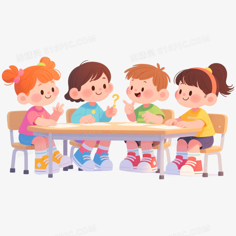 卡通手绘学生讨论场景免抠元素