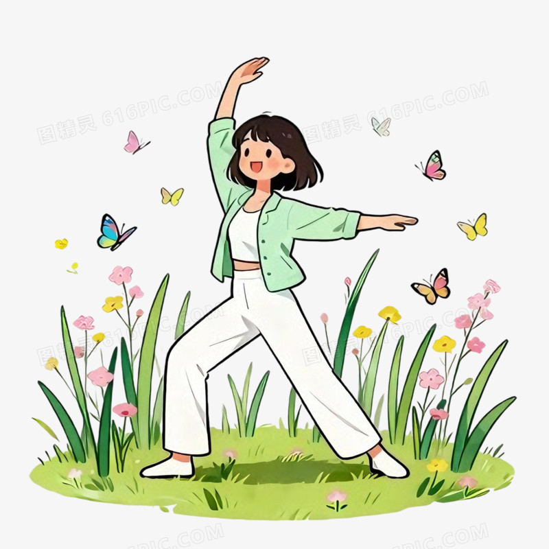 卡通手绘风立春瑜伽免抠元素