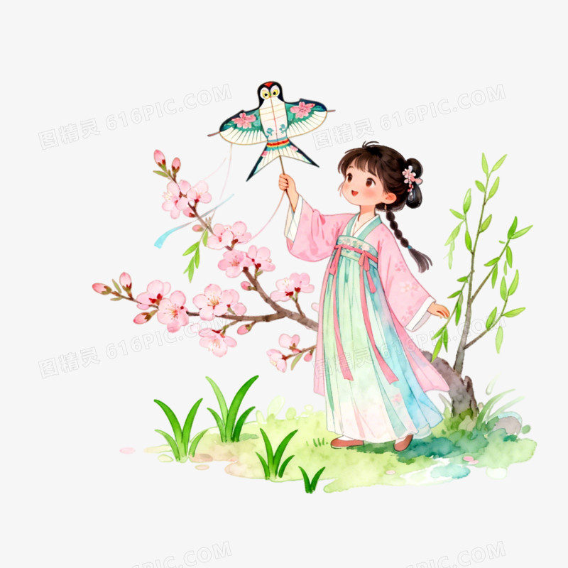 立春时节小女孩的放风筝ai免抠元素