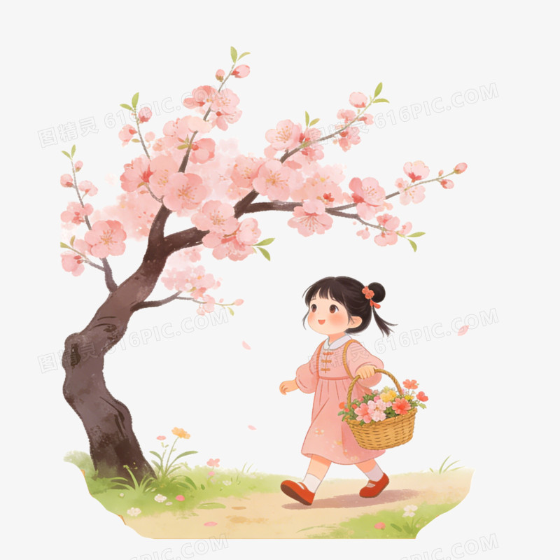 立春时节女孩游春插画ai免抠元素