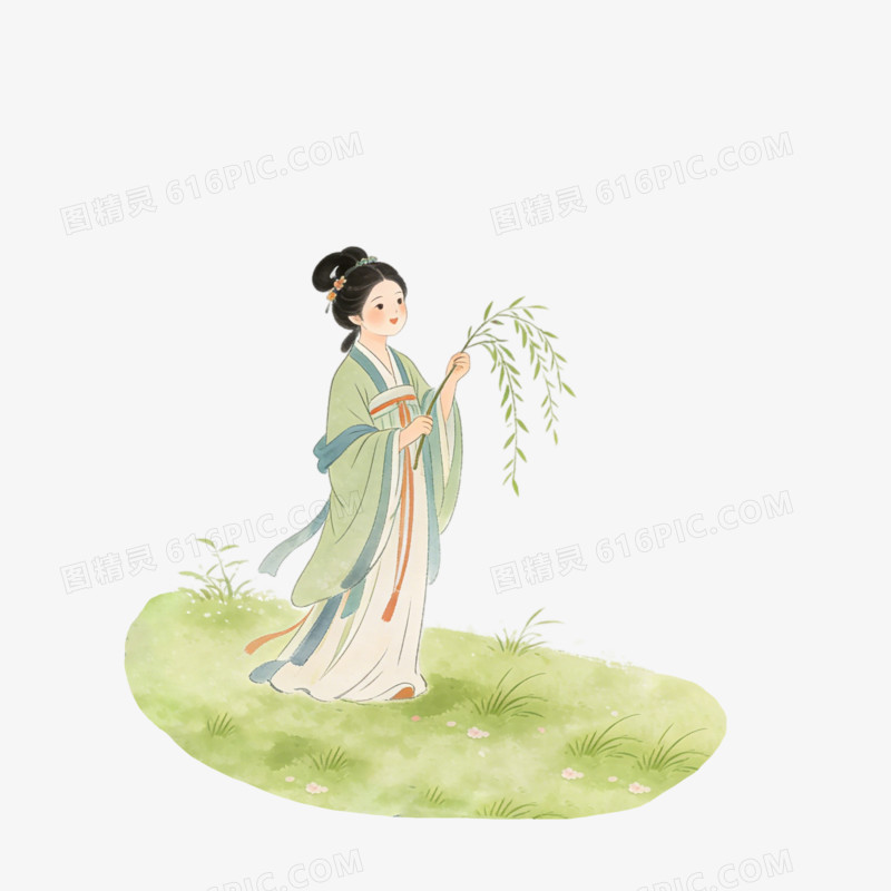 立春时节女士拿树枝ai免抠元素