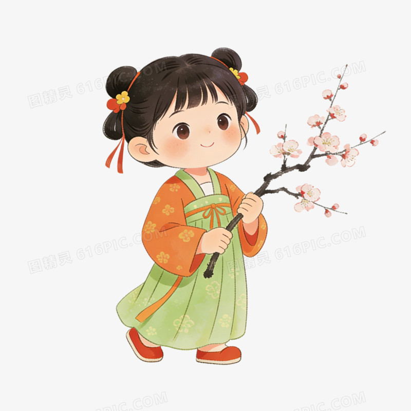 立春时节小女孩拿桃花ai免抠元素