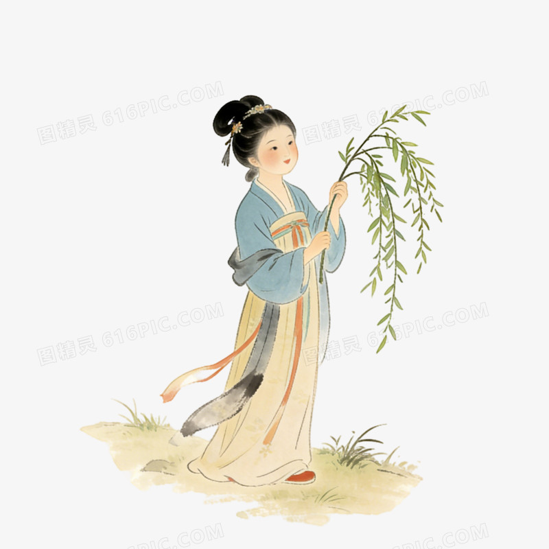 立春时节女人拿柳枝ai免抠元素